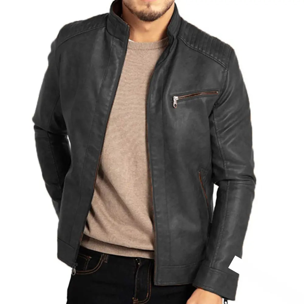 "Elegante winddichte Herren Lederjacke in Blau mit zeitlosem Design, ideal für stilvollen Schutz vor Wind bei allen Anlässen.
