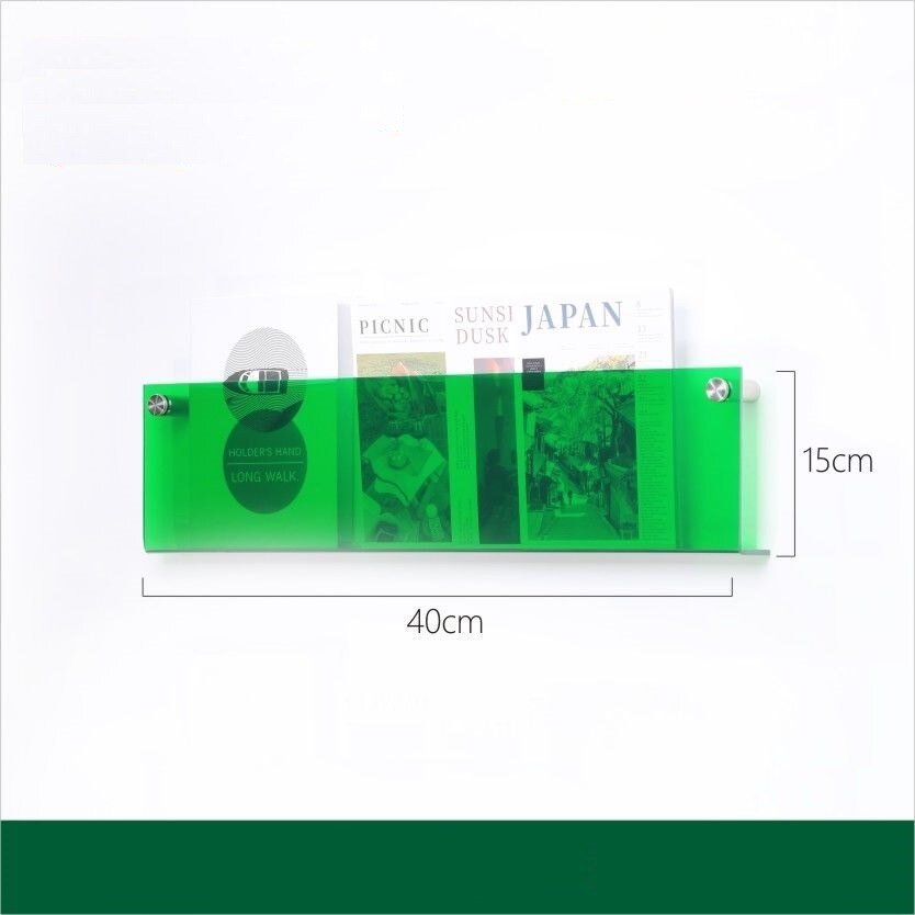 Eleganter Acryl-Magazinhalter für die Wand, schwebend, in verschiedenen Farben, ideal für moderne Wohn- und Büroräume.