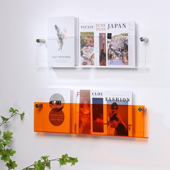 Eleganter Acryl-Magazinhalter für die Wand, schwebend, in verschiedenen Farben, ideal für moderne Wohn- und Büroräume.