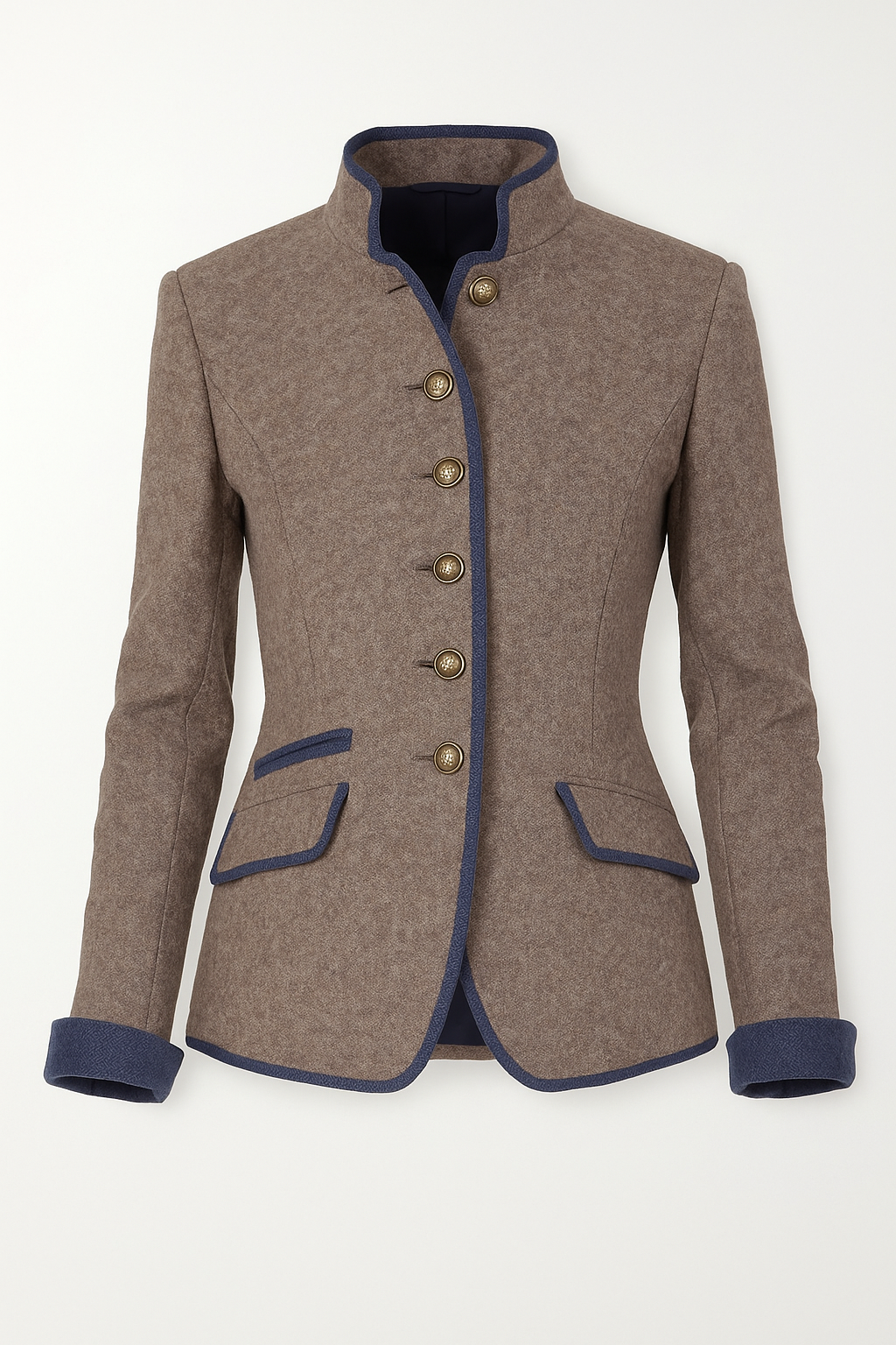 Eleganter Damenblazer mit Stehkragen, taillierte Passform, zeitloser Stil, ideal für modische Outfits.