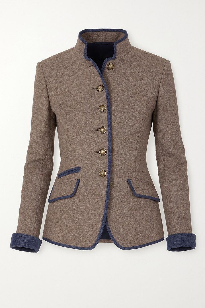 Eleganter Damenblazer mit Stehkragen, taillierte Passform, zeitloser Stil, ideal für modische Outfits.