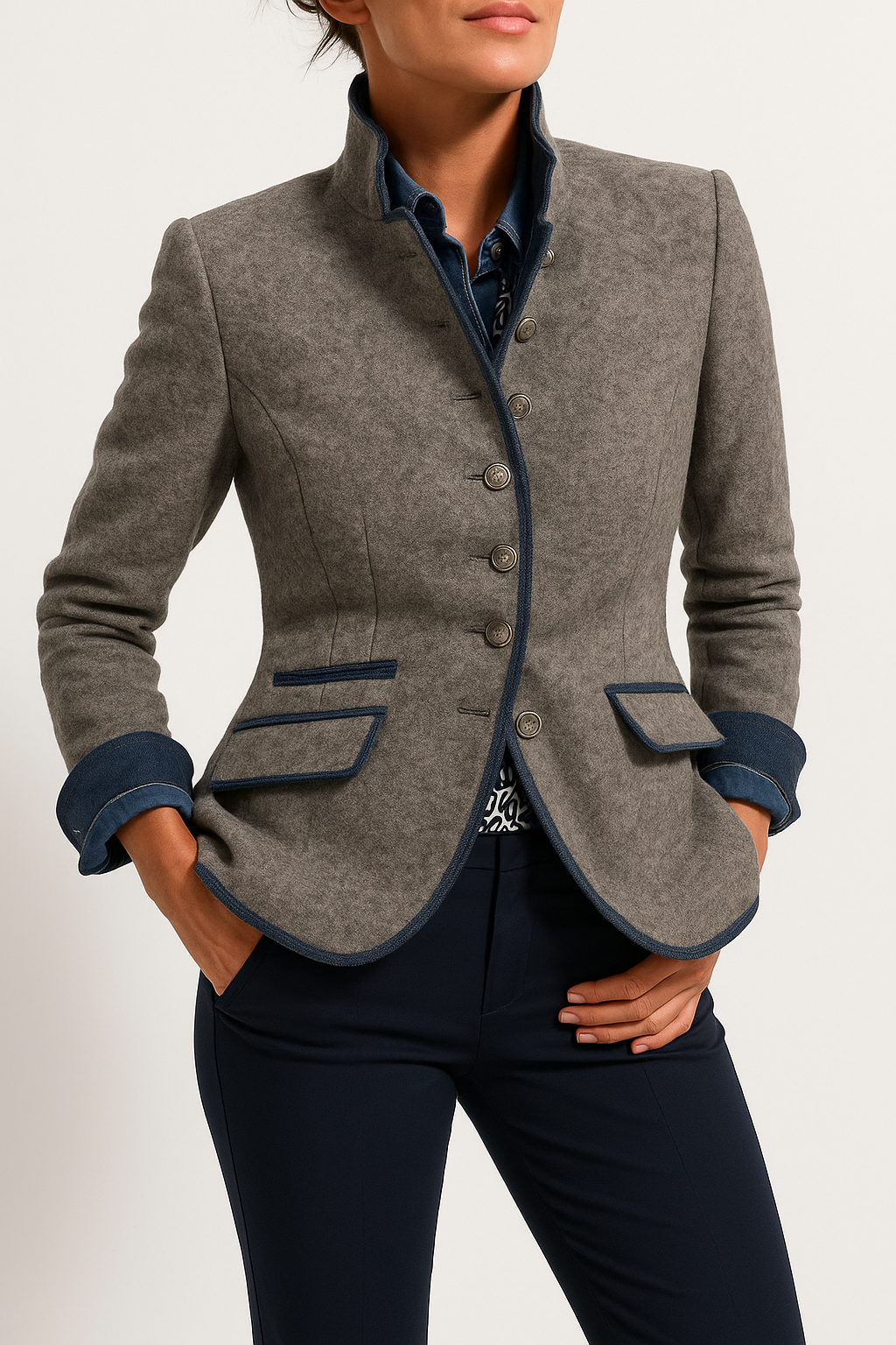 Eleganter Damenblazer mit Stehkragen, taillierte Passform, zeitloser Stil, ideal für modische Outfits.