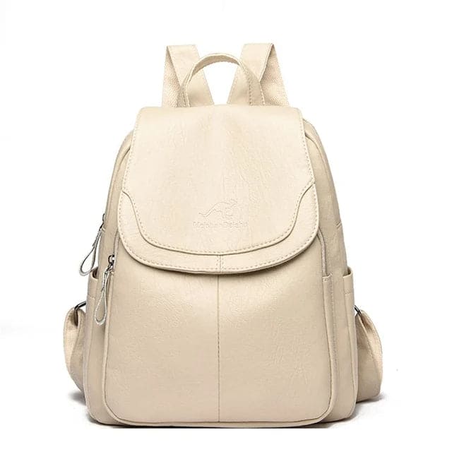 Eleganter Damenrucksack in Beige mit verstellbaren Trägern und Sicherheitsmerkmalen, ideal für Alltag und Reisen.