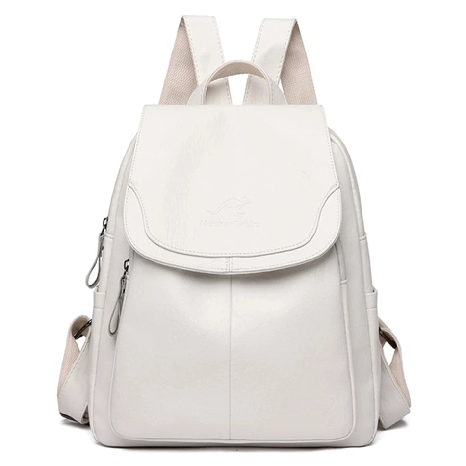 "Eleganter, diebstahlsicherer Lederrucksack für Damen, beige, mit versteckten Reißverschlüssen, zeitloses Design, vielseitig.
