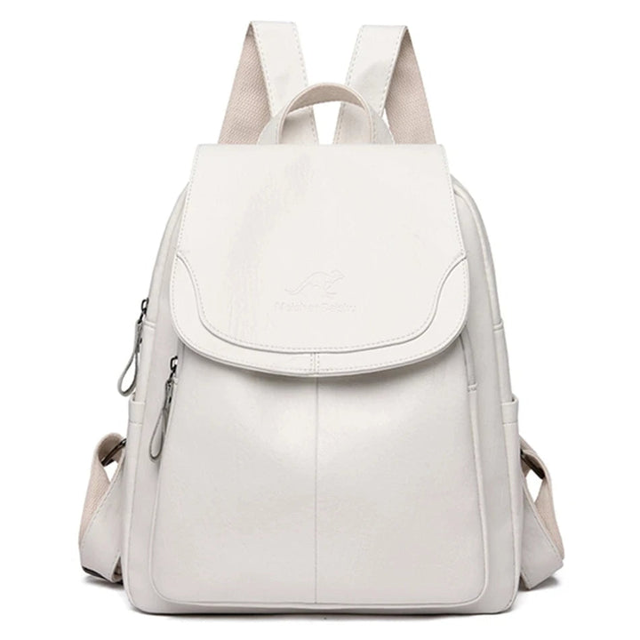 "Eleganter, diebstahlsicherer Lederrucksack für Damen, beige, mit versteckten Reißverschlüssen, zeitloses Design, vielseitig.