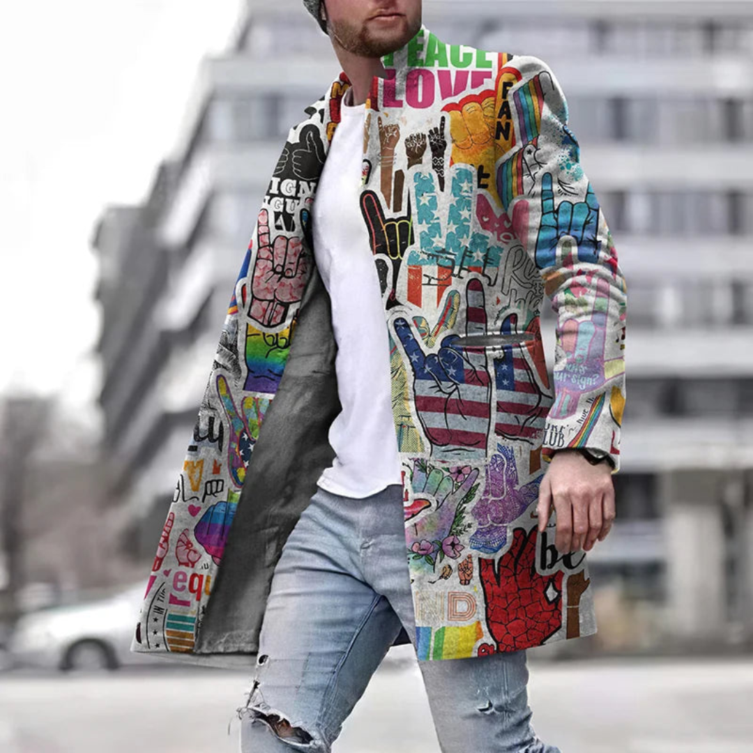 "Eleganter Herren Grafikmantel, langer Schnitt, einzigartiges Grafikdesign, stilvoller Look für vielseitige Outfits."