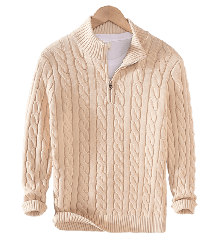 "Eleganter Herren-Kabelstrickpullover in Grau mit Halbreißverschluss, bietet Wärme und klassischen Stil für kalte Tage."