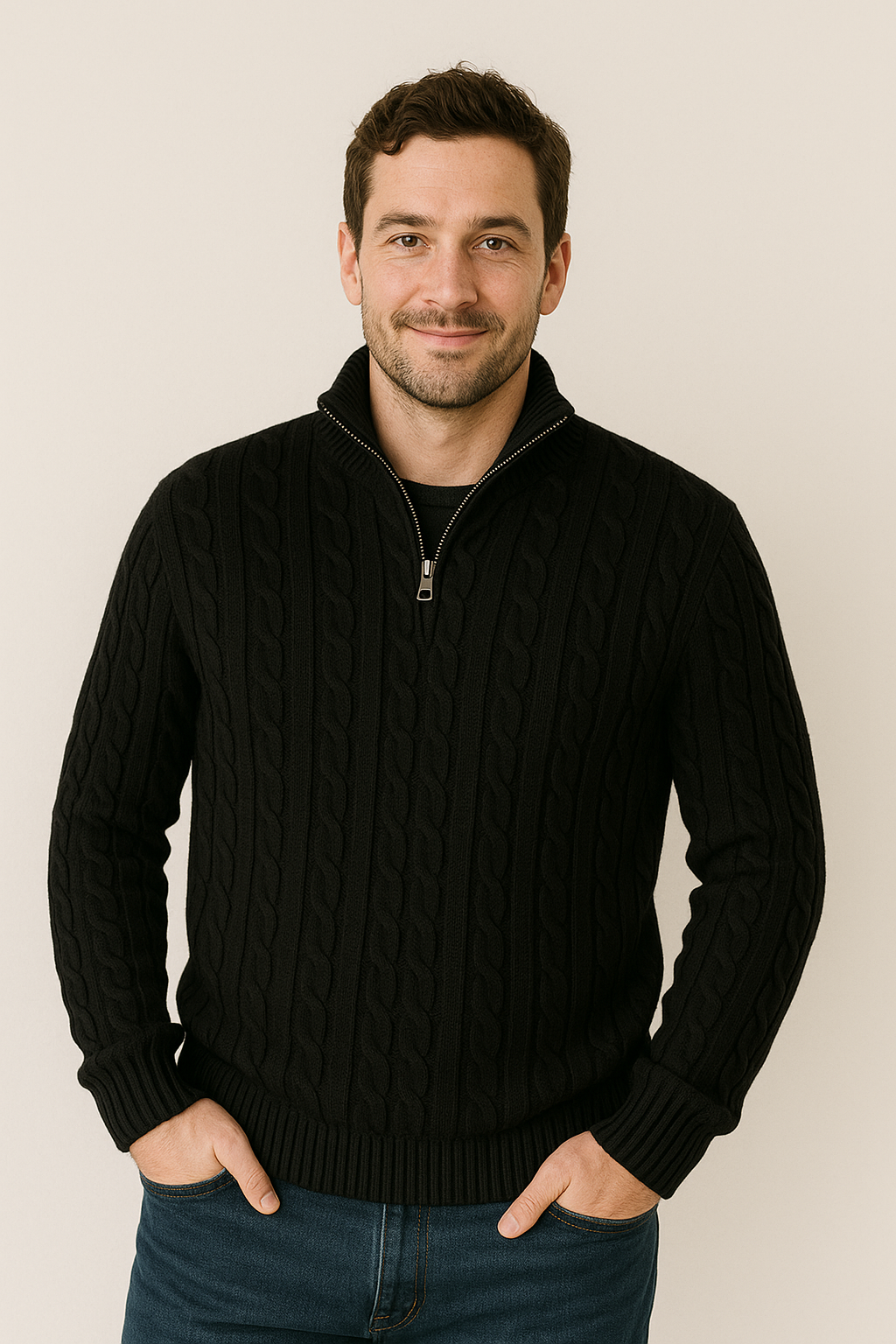 "Eleganter Herren-Kabelstrickpullover in Grau mit Halbreißverschluss, bietet Wärme und klassischen Stil für kalte Tage."