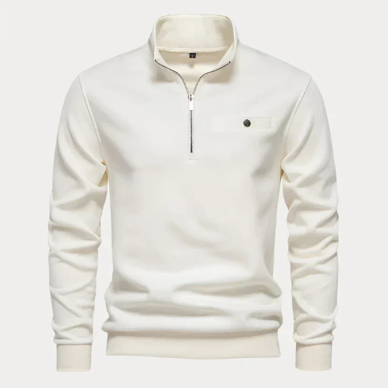 Eleganter Herren Stehkragenpullover, grau, mit hoher Kragen für stilvollen Komfort. Perfekt für kühle, lässige Anlässe.