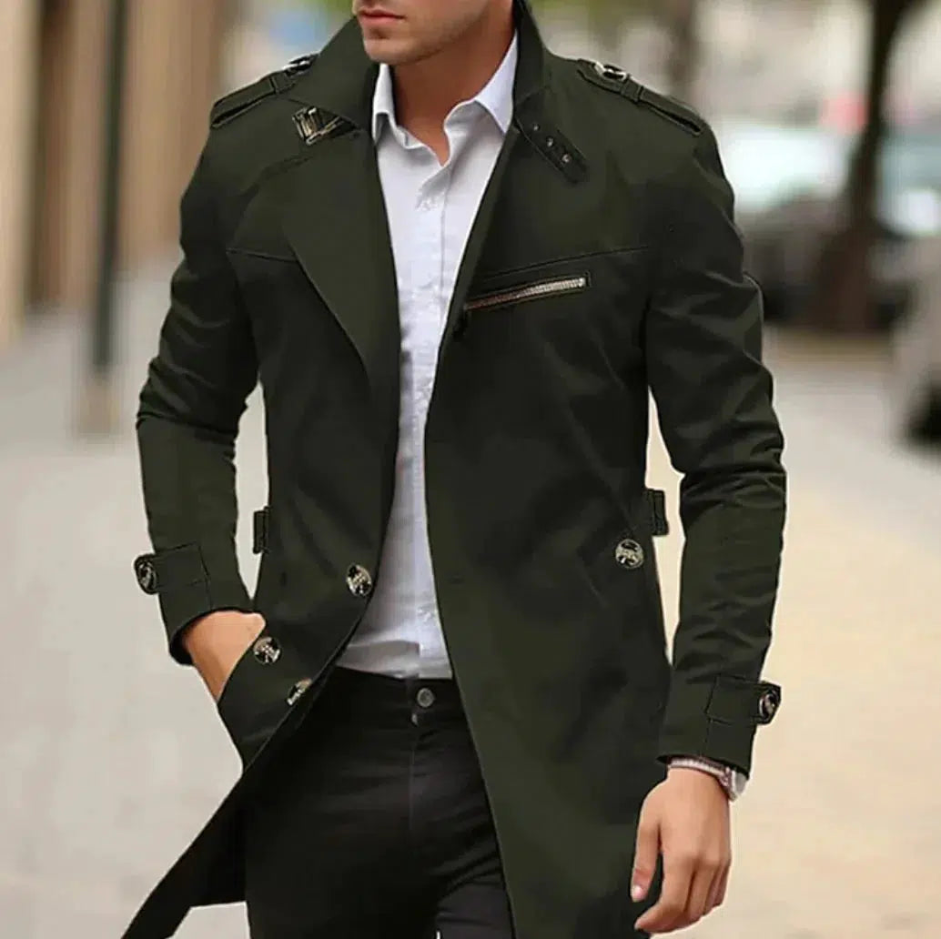 "Eleganter Herren-Trenchcoat in Beige, zeitloses Design, hochwertige Stoffe, perfekt für den Frühling und vielseitige Looks."
