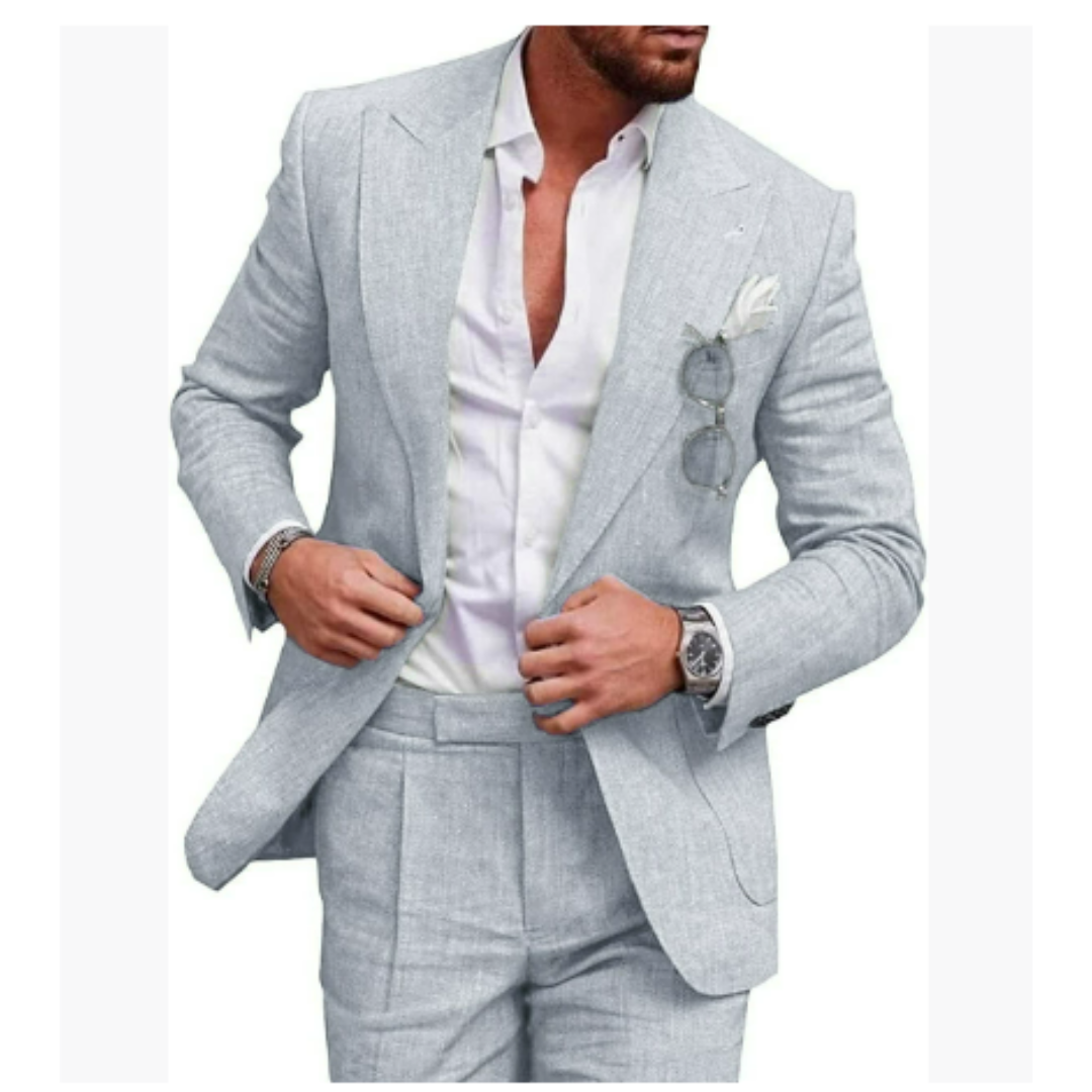 Eleganter Herrenanzug aus Leinen, 2-teilig, beige, ideal für Hochzeiten und Sommerfeiern, modern und stilvoll geschnitten.