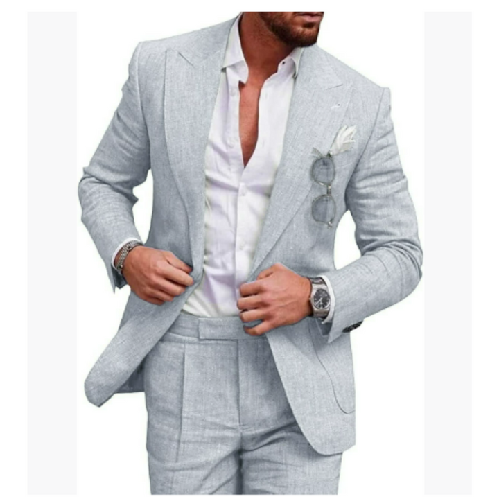 Eleganter Herrenanzug aus Leinen, 2-teilig, beige, ideal für Hochzeiten und Sommerfeiern, modern und stilvoll geschnitten.
