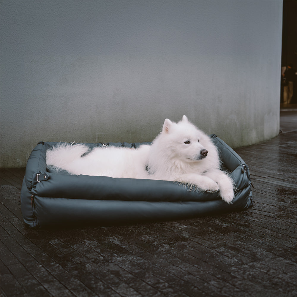 Eleganter Kunstleder-Hundeautositz in Schwarz, komfortabel mit Sicherheitsleinen und Polsterung, stilvoll für Reisen.