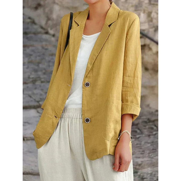 Eleganter Leinenblazer für Damen, helles Beige, klassische Passform, ideal für Sommermode, stilvoll und vielseitig kombinierb