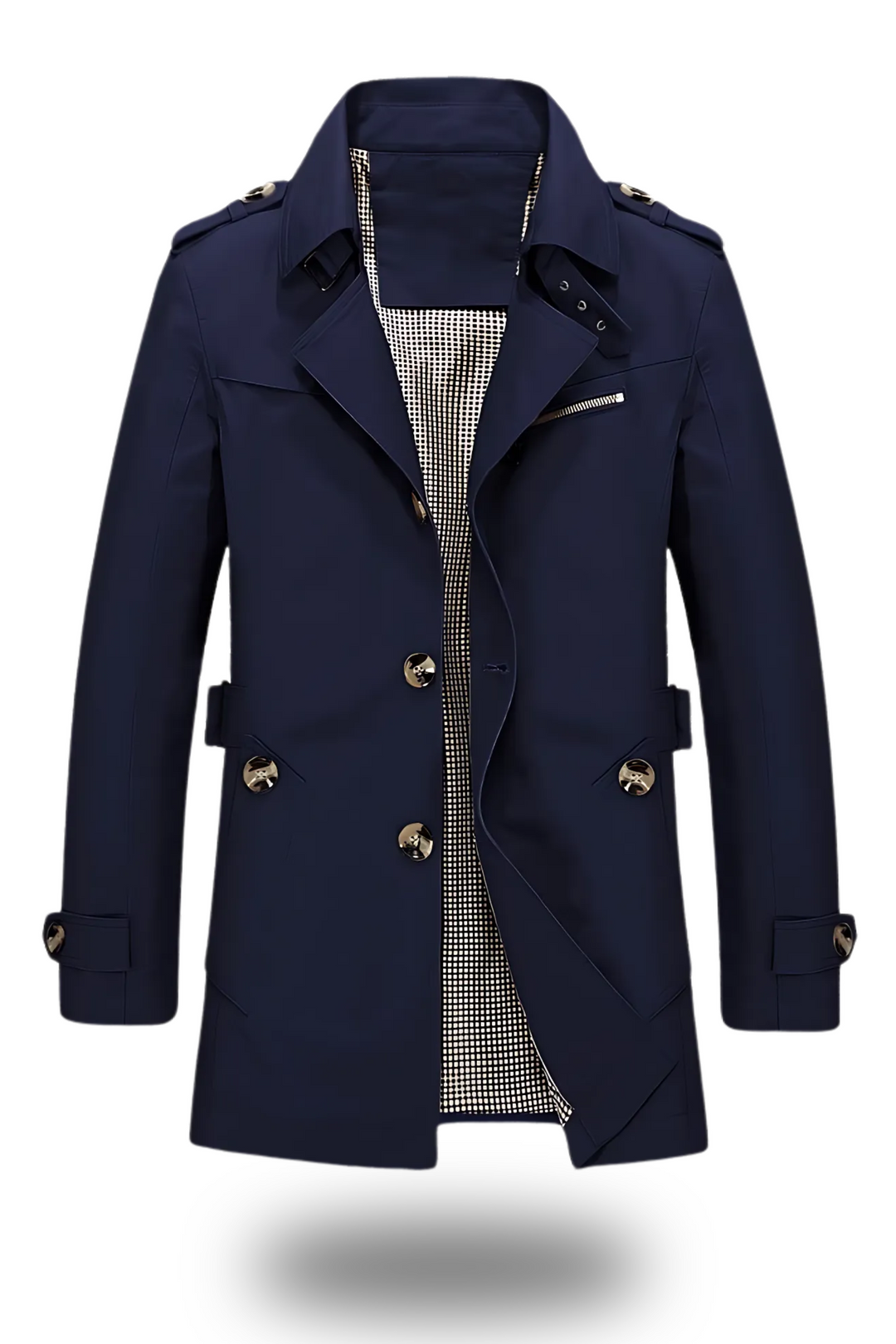 Eleganter, schlanker Herren-Trenchcoat mit umgelegtem Kragen, ideal für kalte Tage; Helm Anthrazit, zeitloses Design