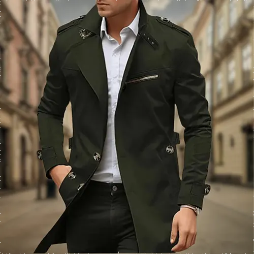 Eleganter, wasserdichter Trenchcoat für Herren, zweireihig, in Beige, schützt vor Regen und bietet klassische Optik.