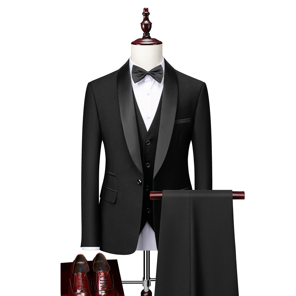 Elegantes 3-teiliges Slim Fit Herrenanzug-Set mit Blazer, Weste und Hose für formelle Anlässe, in klassischem Dunkelblau.