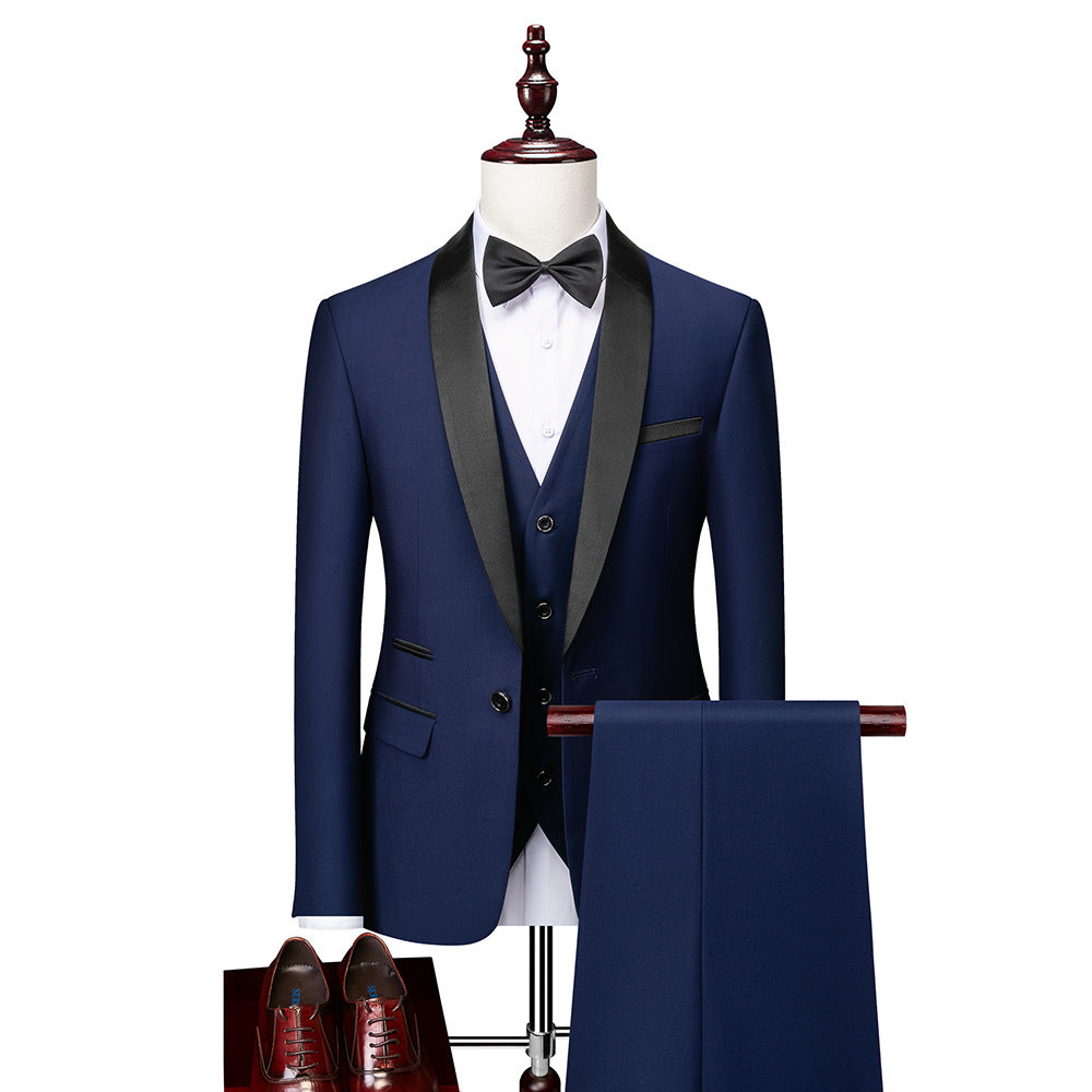Elegantes 3-teiliges Slim Fit Herrenanzug-Set mit Blazer, Weste und Hose für formelle Anlässe, in klassischem Dunkelblau.