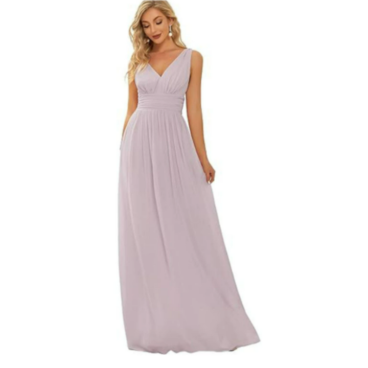 Elegantes ärmelloses Damen-Maxi-Kleid mit fließendem Stoff und V-Ausschnitt, ideal für Sommer & festliche Anlässe.