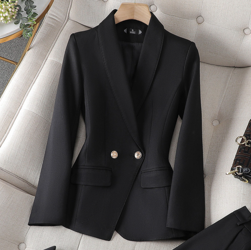 Elegantes Damen Blazer & Hosen Set in Schwarz, Burgunderrot oder Goldorange mit perfektem Schnitt und stilvollem Design.