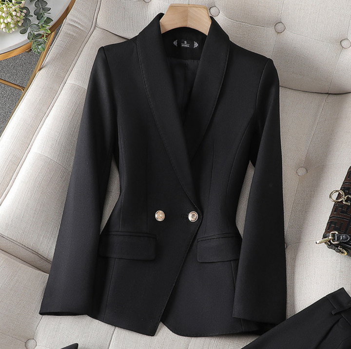 Elegantes Damen Blazer & Hosen Set in Schwarz, Burgunderrot oder Goldorange mit perfektem Schnitt und stilvollem Design.