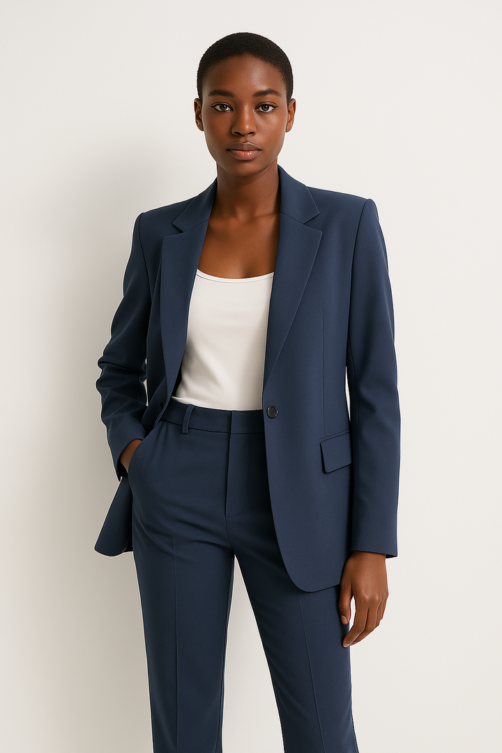 Elegantes Damen Hosenanzug Set mit Blazer und Hose, zeitloser Business-Chic, feminin geschnitten mit klaren Linien, schwarz.