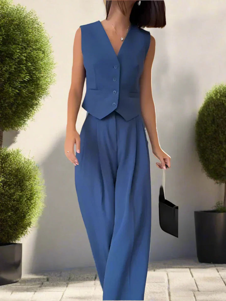 "Elegantes Damen-Hosenanzug-Set mit V-Ausschnitt, weiten Beinen, femininen Details, ideal für Büro und festliche Anlässe."