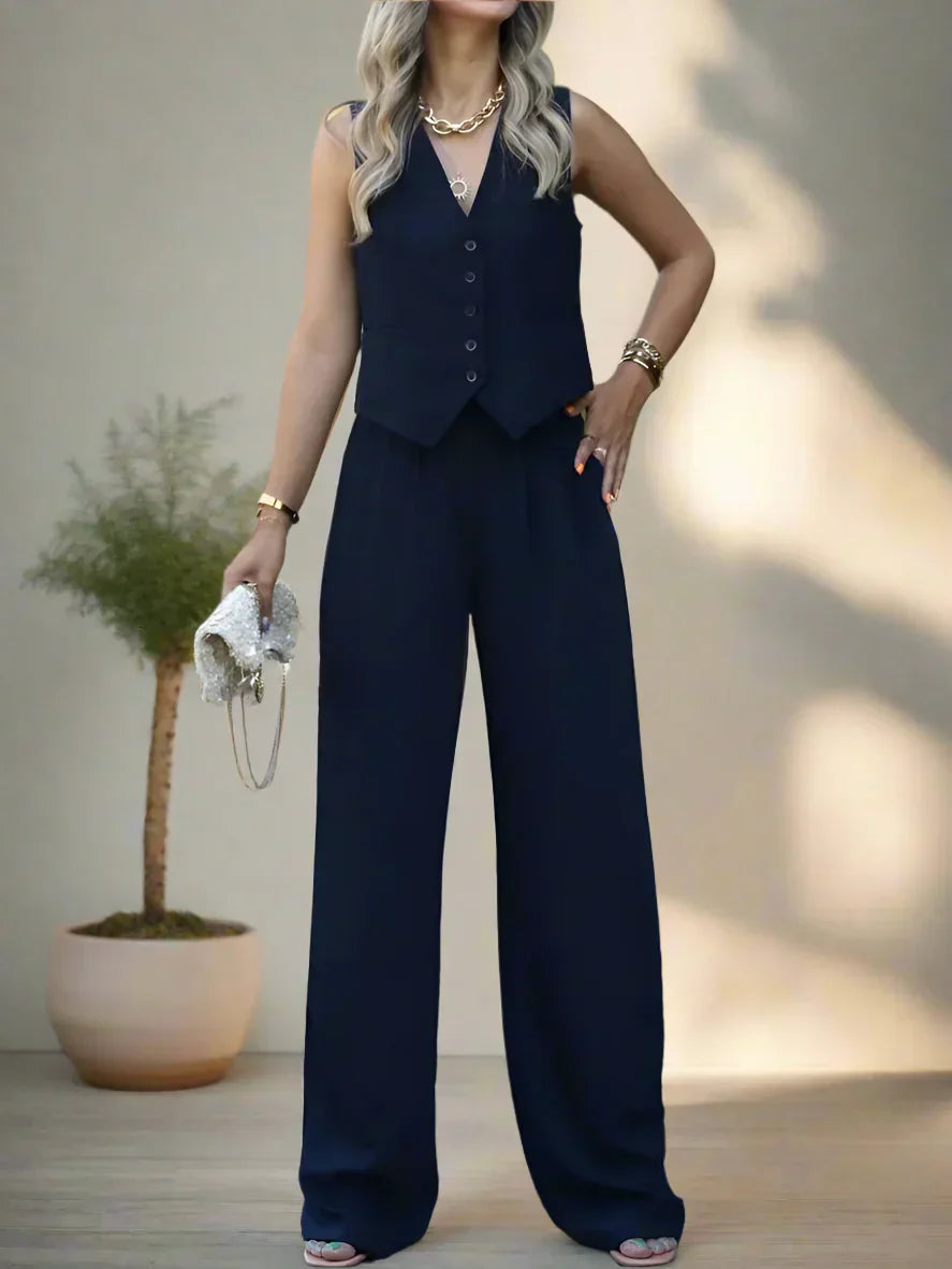 "Elegantes Damen-Hosenanzug-Set mit V-Ausschnitt, weiten Beinen, femininen Details, ideal für Büro und festliche Anlässe."