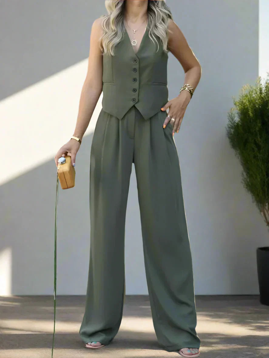 "Elegantes Damen-Hosenanzug-Set mit V-Ausschnitt, weiten Beinen, femininen Details, ideal für Büro und festliche Anlässe."