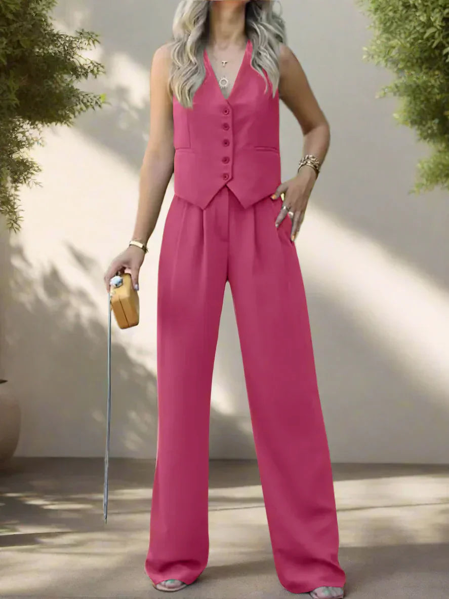 "Elegantes Damen-Hosenanzug-Set mit V-Ausschnitt, weiten Beinen, femininen Details, ideal für Büro und festliche Anlässe."