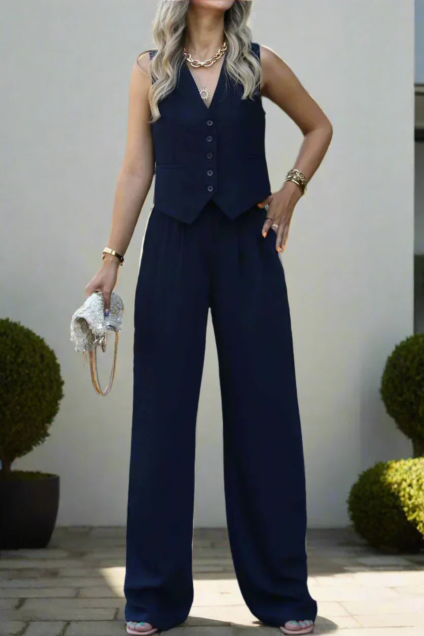 "Elegantes Damen-Hosenanzug-Set mit V-Ausschnitt, weiten Beinen, femininen Details, ideal für Büro und festliche Anlässe."