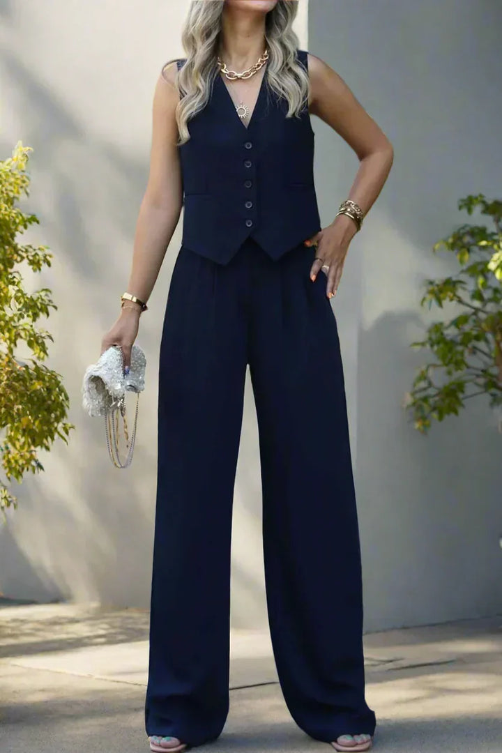 "Elegantes Damen-Hosenanzug-Set mit V-Ausschnitt, weiten Beinen, femininen Details, ideal für Büro und festliche Anlässe."