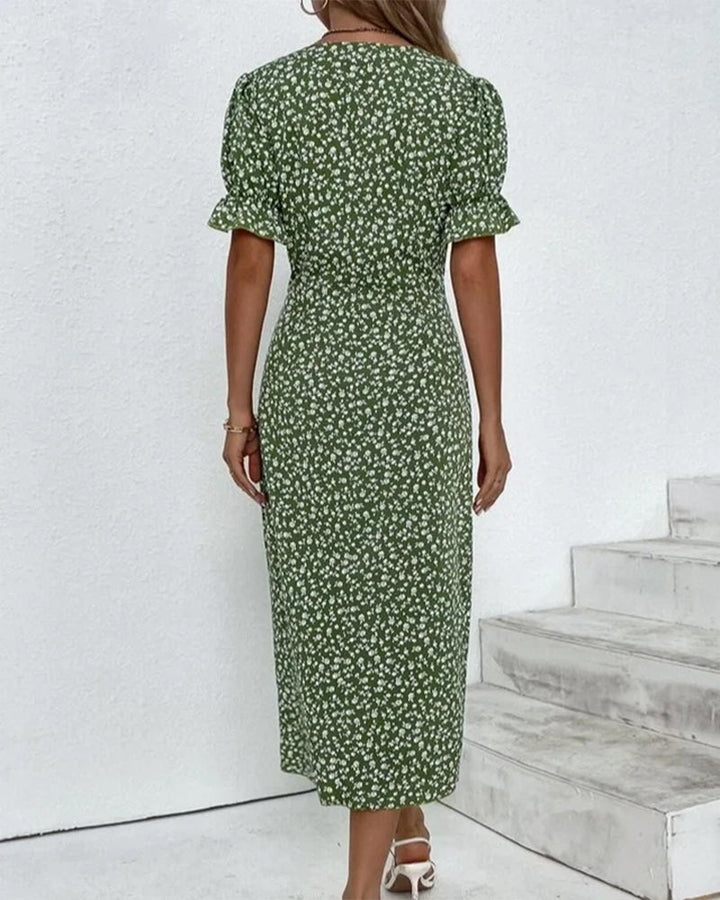 Elegantes Damen Kleid mit floralem Print, Leinenmischung, Puffärmel, vielseitig, für Alltag und Anlässe, stilvoll.