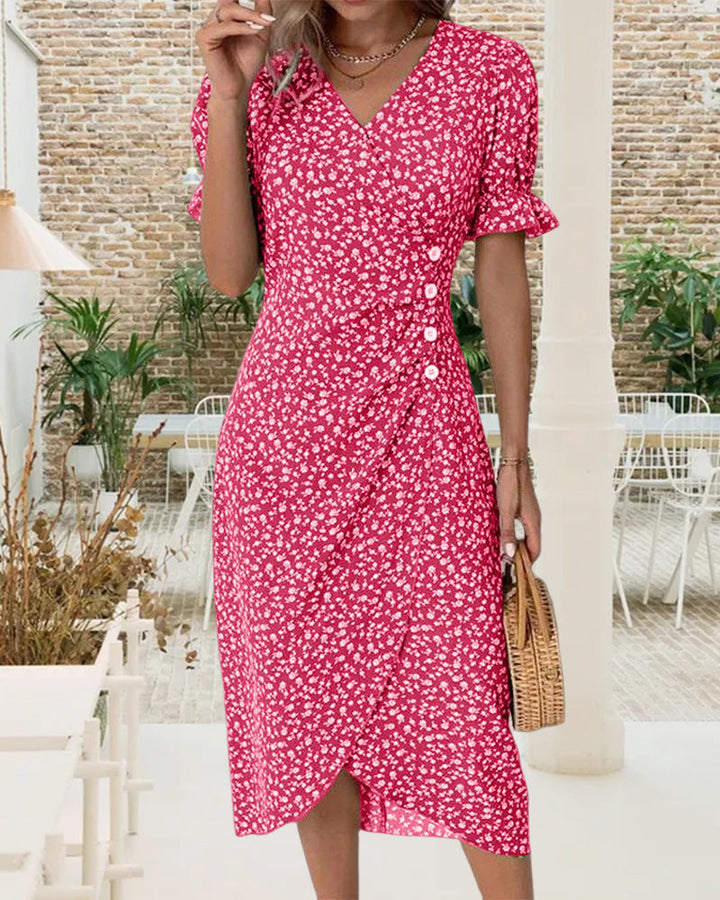 Elegantes Damen Kleid mit floralem Print, Leinenmischung, Puffärmel, vielseitig, für Alltag und Anlässe, stilvoll.