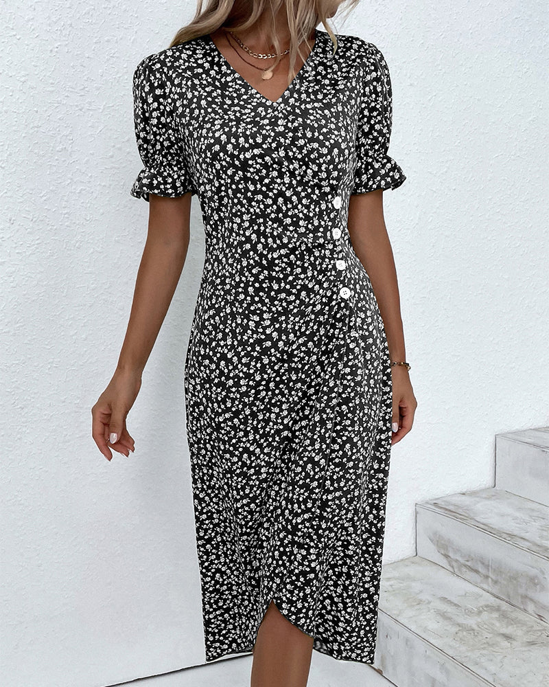 Elegantes Damen Kleid mit floralem Print, Leinenmischung, Puffärmel, vielseitig, für Alltag und Anlässe, stilvoll.