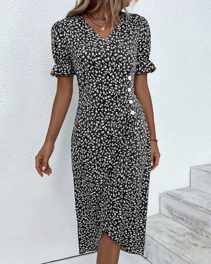 Elegantes Damen Kleid mit floralem Print, Leinenmischung, Puffärmel, vielseitig, für Alltag und Anlässe, stilvoll.