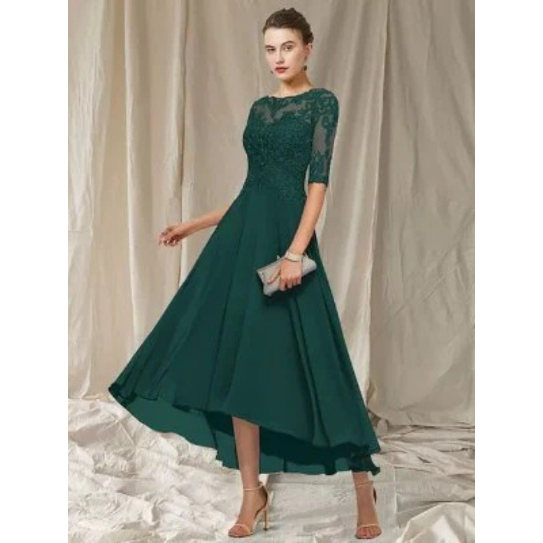 Elegantes Damen-Midi-Kleid mit 3/4-Ärmeln, schmeichelnde Silhouette, vielseitige Länge, perfekt für besondere Anlässe.