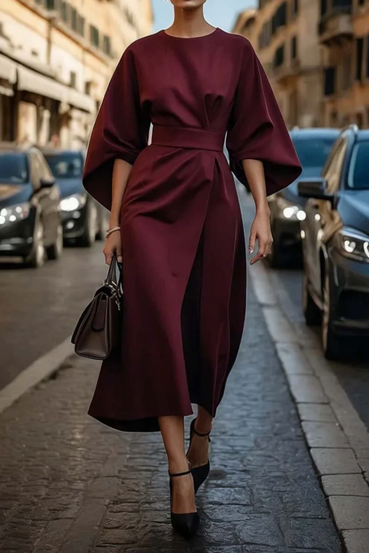 Elegantes Damen Midi-Kleid mit Laternenärmeln, figurbetont, klassische Linien, perfekt für stilvolle Anlässe.