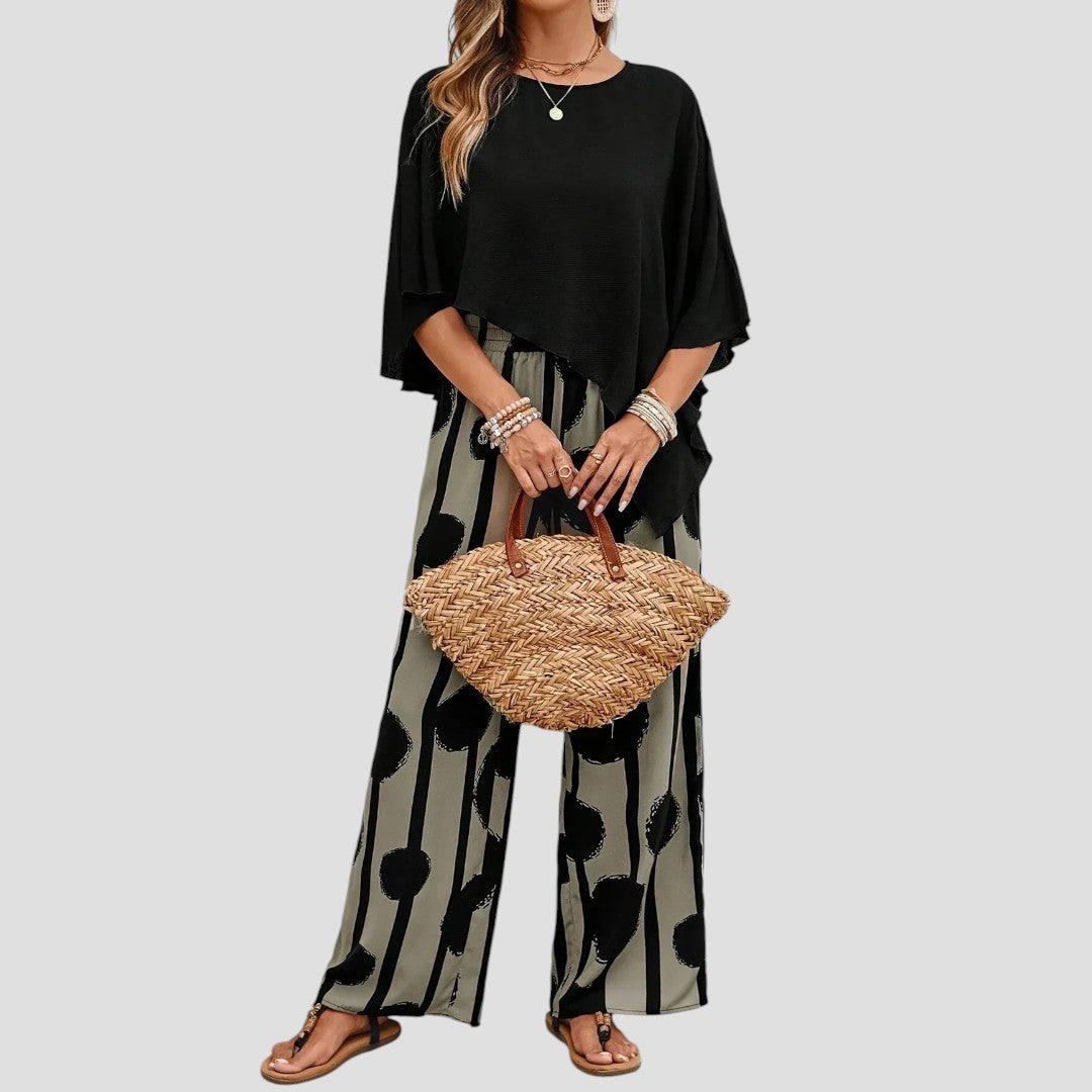 "Elegantes Damen-Set mit asymmetrischem Top und bedruckter Hose, modernes Muster, schmeichelhafter Schnitt, vielseitig tragba