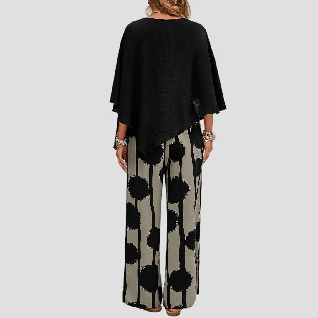 "Elegantes Damen-Set mit asymmetrischem Top und bedruckter Hose, modernes Muster, schmeichelhafter Schnitt, vielseitig tragba