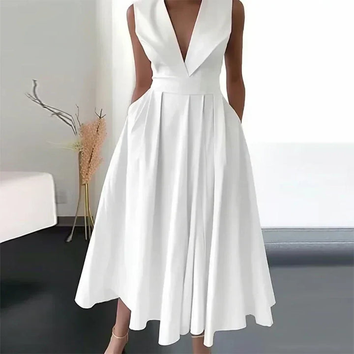 "Elegantes Damen Sommerkleid, V-Ausschnitt, Midi-Länge in fließendem Stoff, ideal für Cocktailpartys und formelle Anlässe"
