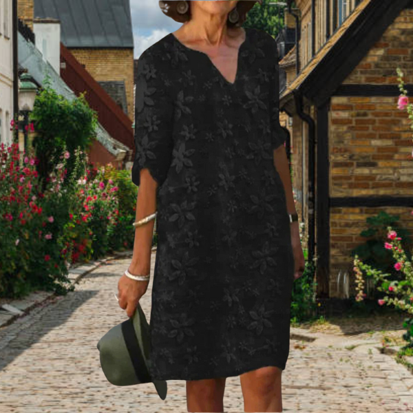 Elegantes Damenkleid mit 3D-Blumendesign, V-Ausschnitt und Halbarmen für stilvolle Anlässe und Komfort.