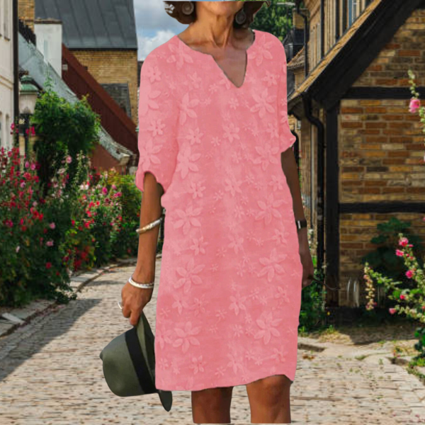 Elegantes Damenkleid mit 3D-Blumendesign, V-Ausschnitt und Halbarmen für stilvolle Anlässe und Komfort.