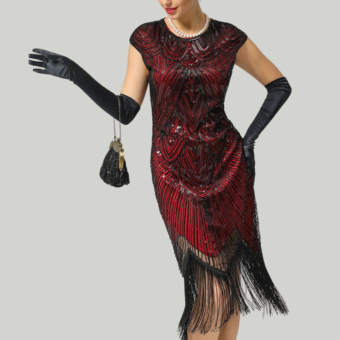 Elegantes Glitzerkleid Gatsby-Style mit funkelnden Pailletten und Fransen, figurbetont, in Burgund, Gold und mehr.