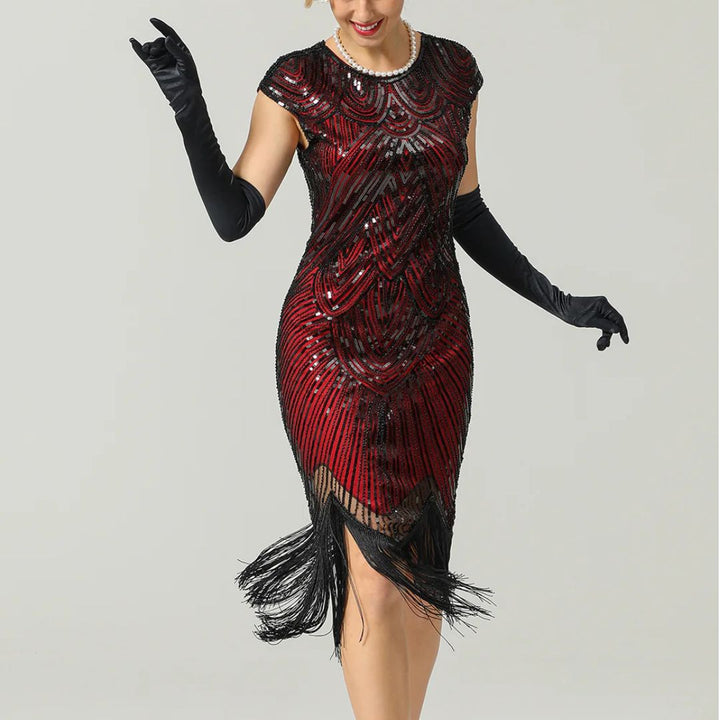 Elegantes Glitzerkleid Gatsby-Style mit funkelnden Pailletten und Fransen, figurbetont, in Burgund, Gold und mehr.
