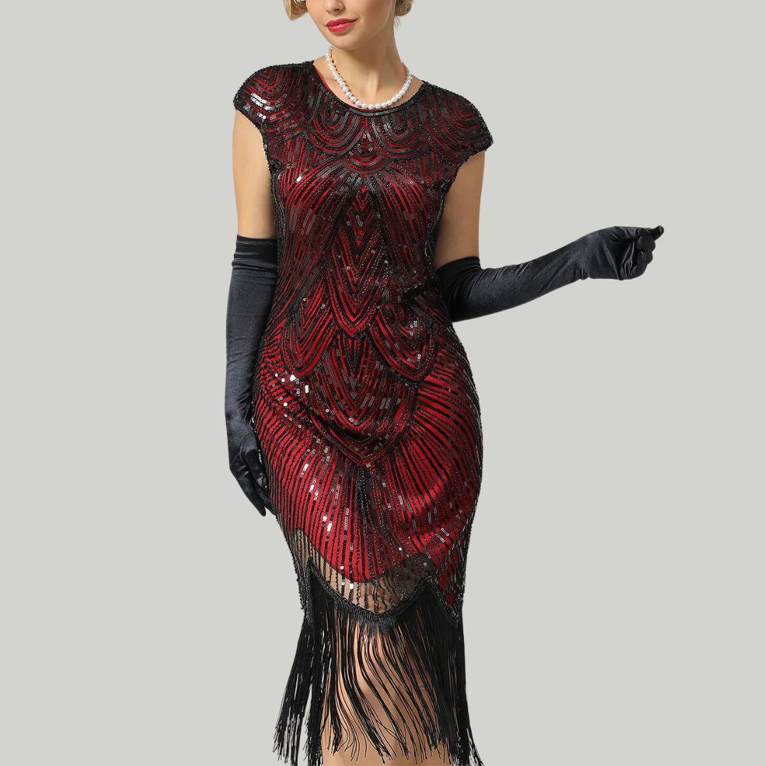 Elegantes Glitzerkleid Gatsby-Style mit funkelnden Pailletten und Fransen, figurbetont, in Burgund, Gold und mehr.