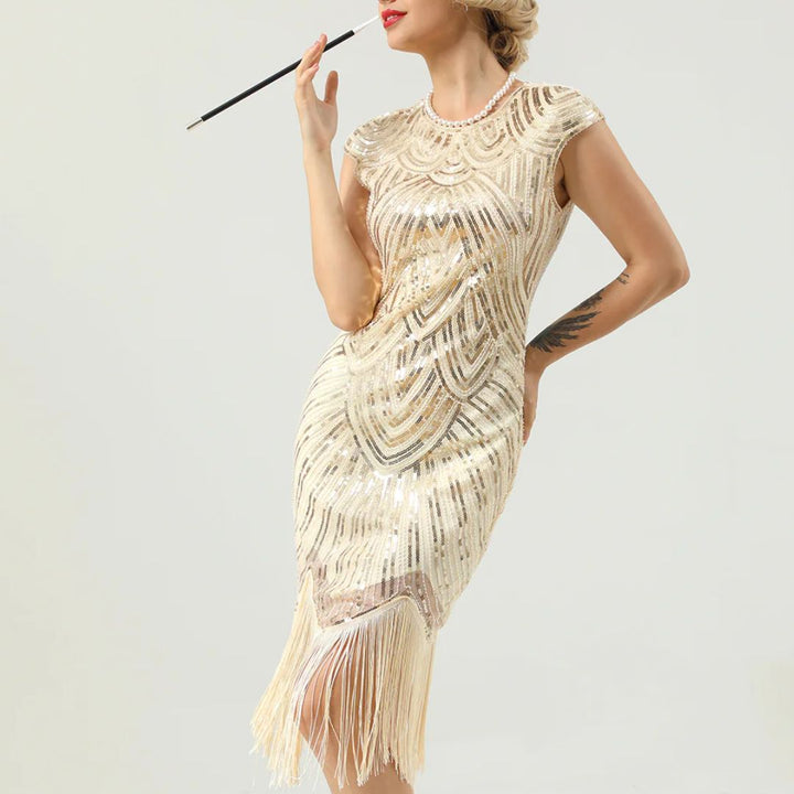 Elegantes Glitzerkleid Gatsby-Style mit funkelnden Pailletten und Fransen, figurbetont, in Burgund, Gold und mehr.