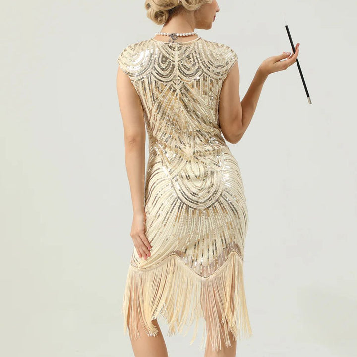 Elegantes Glitzerkleid Gatsby-Style mit funkelnden Pailletten und Fransen, figurbetont, in Burgund, Gold und mehr.
