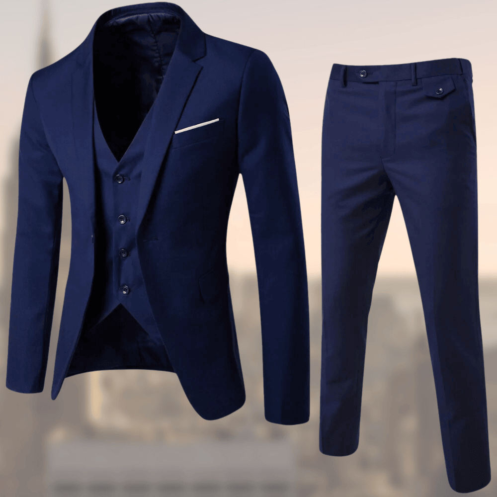 Elegantes Herren Anzug-Set mit Sakko, Weste und Hose, in klassischen Farben wie Schwarz und Marineblau. Ideal für Anlässe.