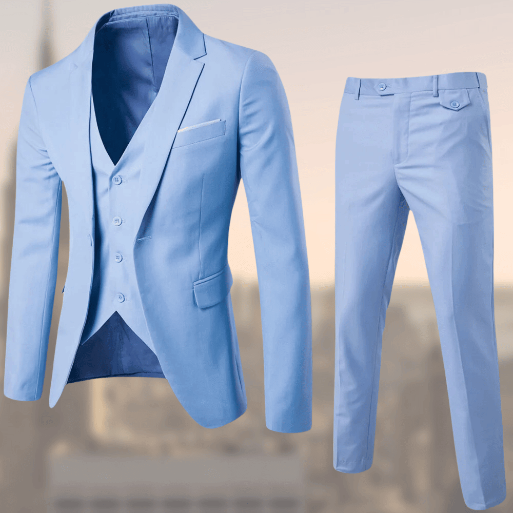 Elegantes Herren Anzug-Set mit Sakko, Weste und Hose, in klassischen Farben wie Schwarz und Marineblau. Ideal für Anlässe.